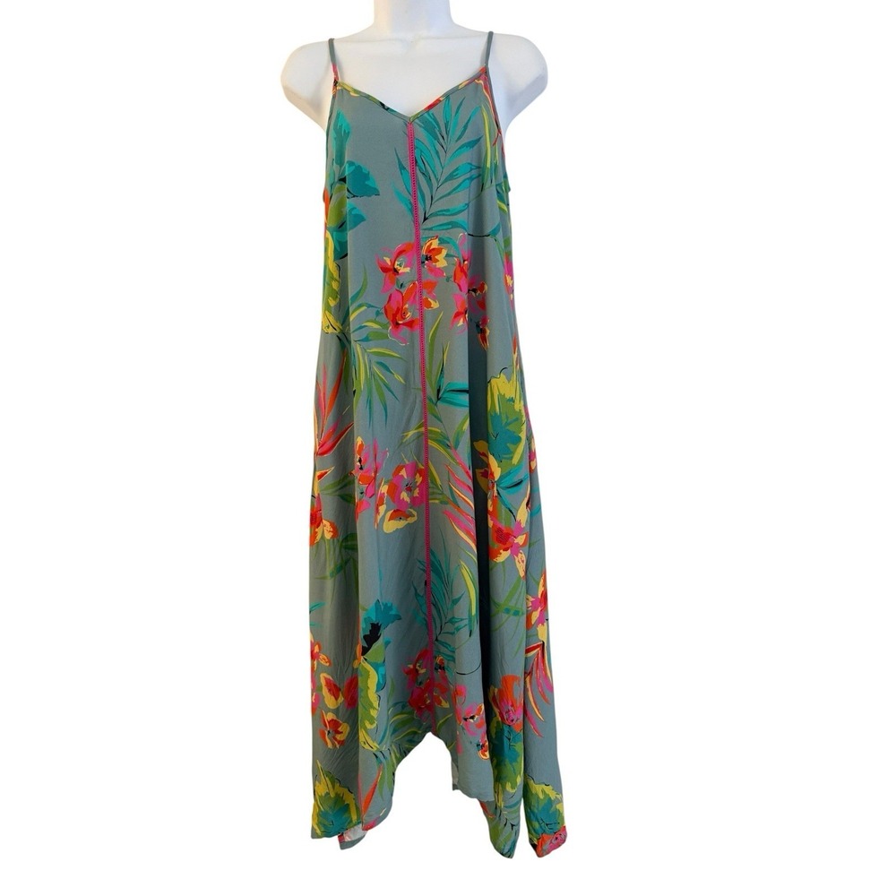 Natural Life Floral Midi Dress XS Scarf Swing Tropical Boho Teal Pink *Read* - Picture 2 of 15
